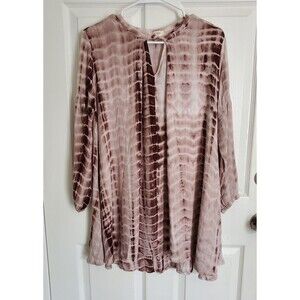 Umgee Blouse Womens Large Tie Dyed Tunic Keyhole Neck Flowy Gauzy Beige Brown